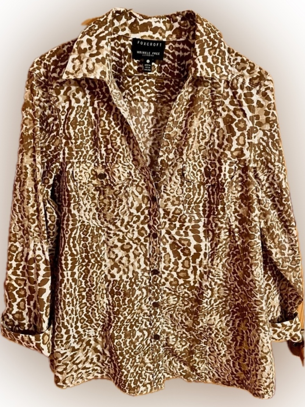 Foxcroft Wrinkle Free Leopard Print Button Down Blouse Size 12 Brown Tan Top